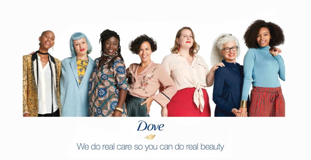 Diverse group of women embracing their natural beauty in a Dove advertisement