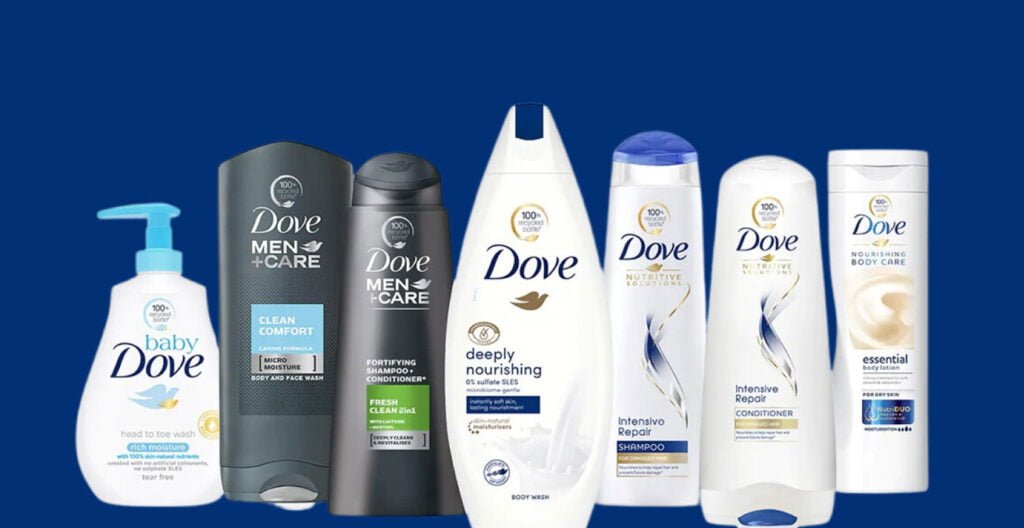 Dove product range with consistent messaging promoting self-acceptance.