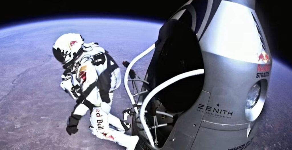 Felix Baumgartner skydiving from the edge of space in Red Bull's "Stratos" campaign.