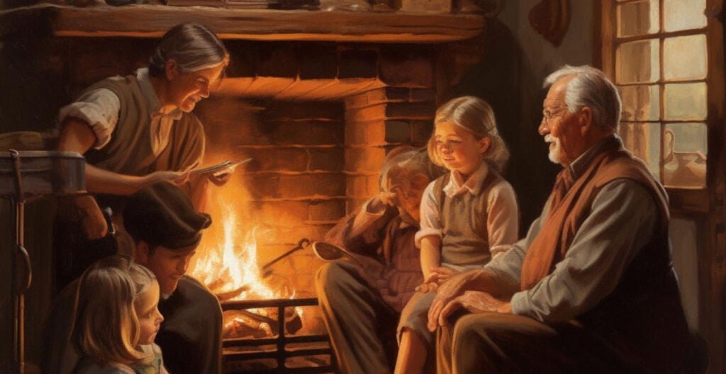 Vintage-inspired photograph of a family gathering around a fireplace in an Airbnb advertisement.