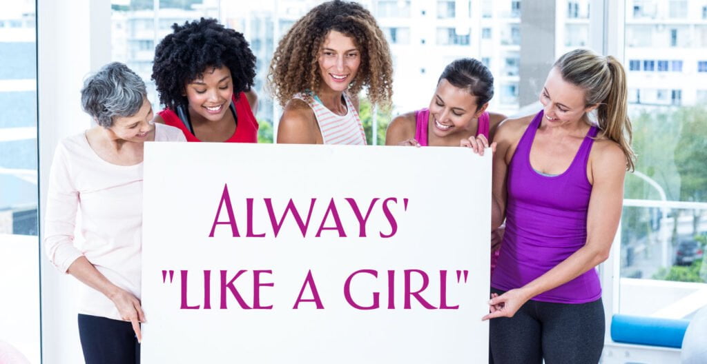 Young girls confidently participating in various activities in an Always "like a girl" advertisement.