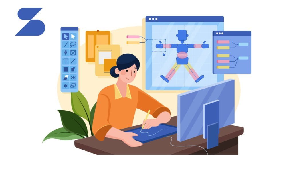 an illustration of A graphic designer using AI-powered design assistance tools to explore new design possibilities and refine their creative process.