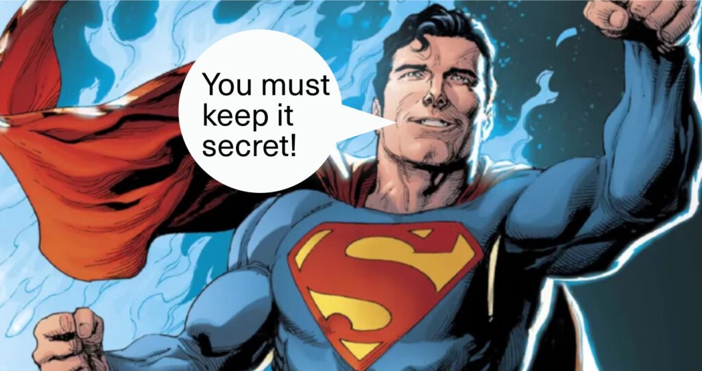 An image of a superhero with their logo displayed prominently on their chest and a speech bubble containing their memorable catchphrase, representing a brand with both visual and verbal components.