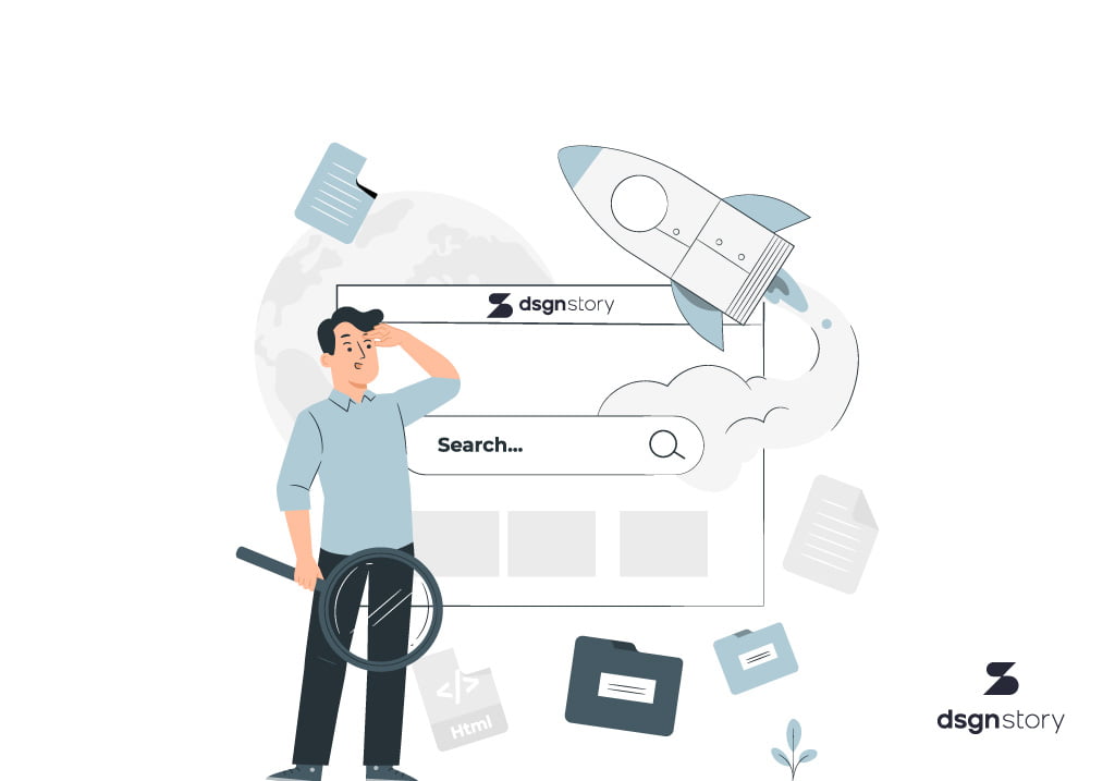 ILLUSTRATION OF A PERSON SEARCHING SOMETHING ON A DSGNSTORY WEBPAGE. 