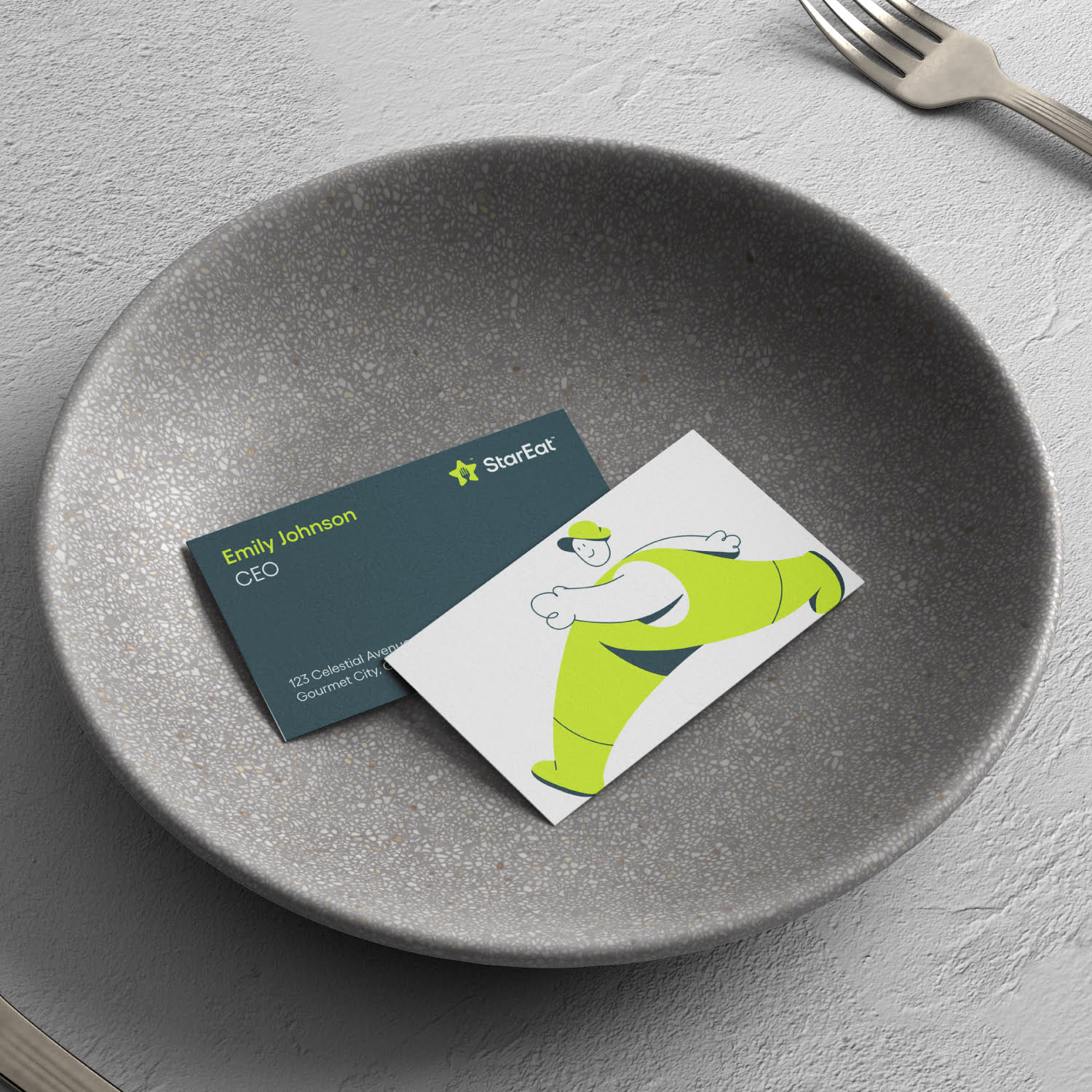 StarEat logo Business card design with a mockup